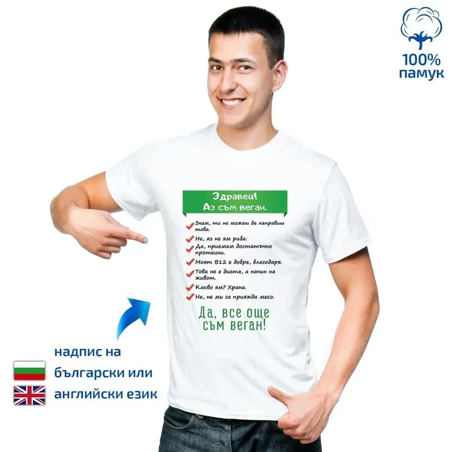 Мъжка тениска Здравей! Аз съм веган.